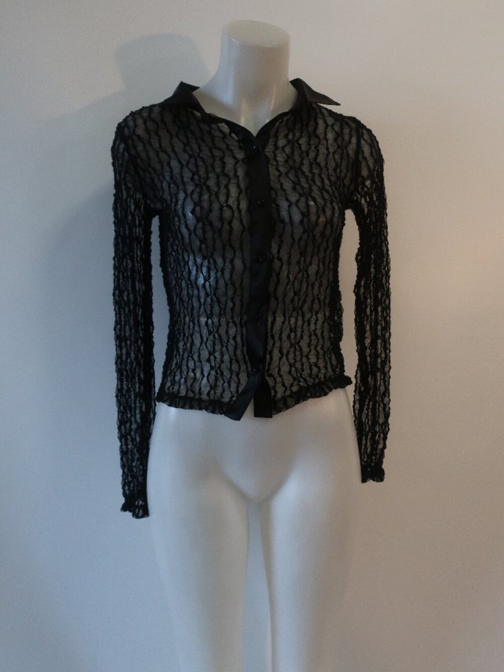 NWT Womens Lola & Sophie Black Lace Sheer Button Down Top XS